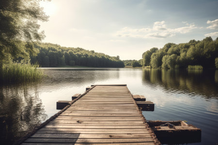 Wooden pier on the lake in the forest. Summer landscape. Beautiful lake view on a shiny summer day, AI Generatedの素材