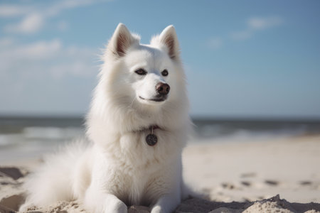 Beautiful Samoyed dog sitting on the sand near the sea, Beautiful white American Eskimo Dog sitting on the beach, AI Generatedの素材
