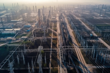 Aerial view of power plant and high voltage electric transmission lines. Big electricity production industry aerial view, AI Generatedの素材