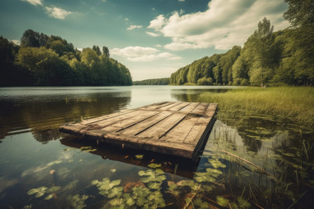 Wooden pier on a lake in the forest. Summer landscape. Beautiful lake view on a shiny summer day, AI Generatedの素材