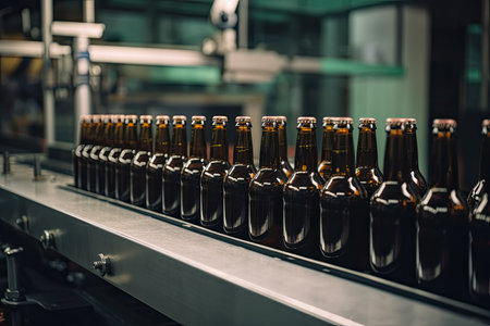 bottles of beer on conveyor belt in brewery factory. beverage industry, Beer bottles on a brewery conveyor production line, AI Generatedの素材