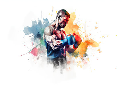 African american boxer in action on watercolor background. Sport illustration, Boxing sports man boxer colorful splash background, AI Generatedの素材