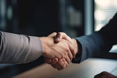 Close up of business people shaking hands in office. Business concept, Businessman shaking Hand With job candidate, AI Generatedの素材