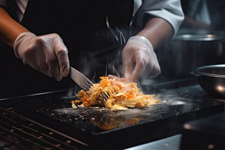 Chef cooking pasta in a restaurant kitchen, close up. Chefs hands close up cooking, AI Generatedの素材