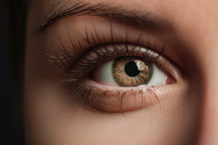 Close up of beautiful womans eye with long eyelashes, studio shot, Close up detail beautiful female eye macro fashion, AI Generatedの素材