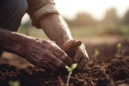 Closeup of senior man planting seedlings in the ground at sunset, Closeup of a farmers hands planting tree, AI Generatedの素材