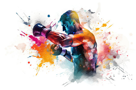 Silhouette of a boxer on a white background with colorful splashes, Boxing sports man boxer colorful splash background, AI Generatedの素材