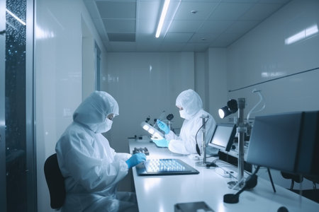 scientists in protective suits working with microscopes in modern laboratory. Biologists are working in a professional IVF laboratory, AI Generatedの素材