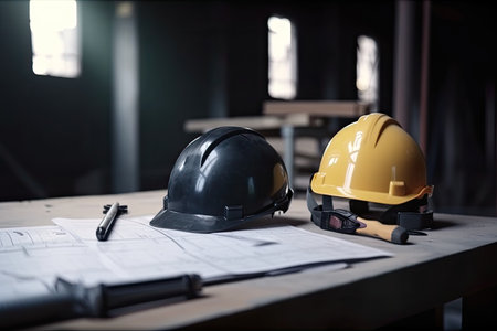 Hard hat and blueprint on table in construction site. Selective focus. Construction blueprints and designing stationery, AI Generatedの素材