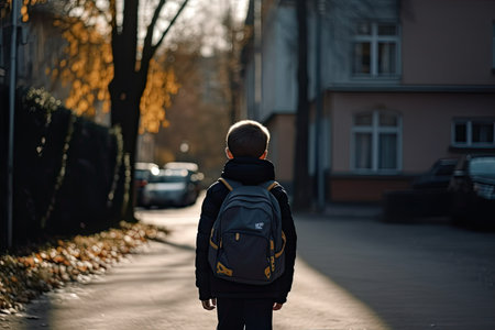 Back view of a boy with a backpack standing on the street in the evening, Cute little primary school students full rear view, AI Generatedの素材