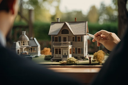 Real estate agent with model of house on table. Real estate concept, real estate agent discussing business with mini house model, AI Generatedの素材
