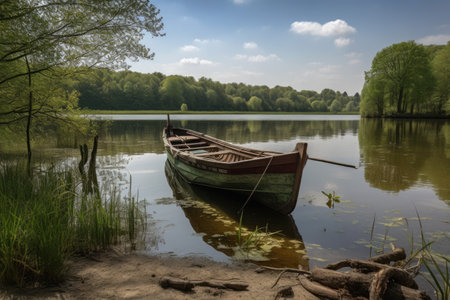 Boat on the shore of a lake in the spring, Poland, yellow boat on the lake at the wooden pier, AI Generatedの素材