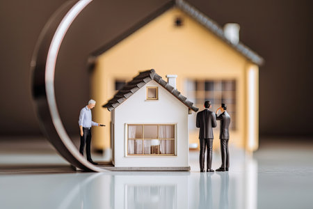 Mortgage concept. Miniature model of a house with a magnifying glass. real estate agent discussing business with mini house model, AI Generatedの素材