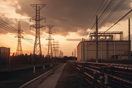 Industrial landscape with high voltage power lines at sunset. Electric substation with power lines and transformer, AI Generatedの素材