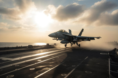 Fighter aircraft on the deck of a military aircraft carrier at sunset, Fighter jets are taking off from an aircraft carrier, AI Generatedの素材