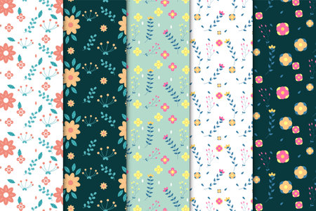 Minimal pattern vector with flowers and leaves. Creative floral pattern decoration on green, dark, and white backgrounds. Seamless flower pattern design for fabric prints, wallpapers, and book covers.のイラスト素材