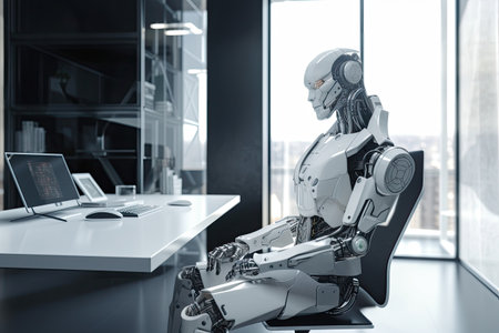 3d rendering humanoid robot sitting in modern office with computer on table, Futuristic Ai robot CEO sitting at his office chair, AI Generatedの素材