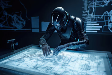 3d rendering robot working with blueprints on table in dark room, Futuristic Ai robot engineer working with blueprint, AI Generatedの素材