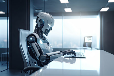 3d rendering humanoid robot working in modern office with computer on table, Futuristic Ai robot CEO sitting at his office chair, AI Generatedの素材