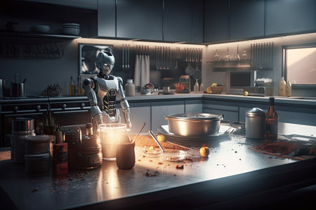 3D rendering of a robot in the kitchen at night. Futuristic concept. Futuristic AI robot cooking in a kitchen, AI Generatedの素材