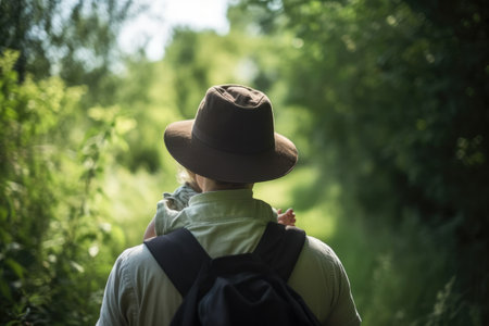 Back view of young man with backpack and hat looking away in forest,Full rear view of a father carrying his baby on hillの素材