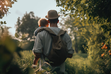 Back view of father and son walking in the garden. Father's day concept,Full rear view of a father carrying his baby on hillの素材