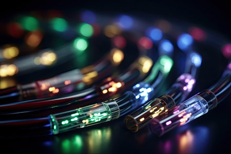 Fiber optic cables close up on a dark background with colored lights, Futuristic data transfer cables close up shot, AI Generatedの素材