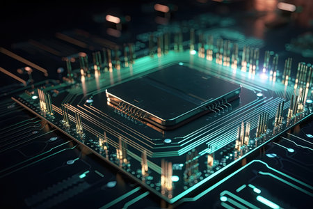 3d rendering of cpu chip on circuit board with microchips, Futuristic microchip surface closeup with glowing light, AI Generatedの素材