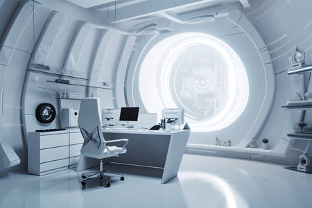 3d rendering of an office room in a hospital with office equipment, futuristic office room with office desk and computer, AI Generatedの素材