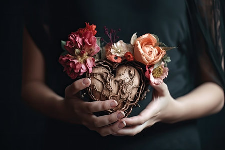 beautiful bouquet in the hands of a girl in a black dress, Hands holding heart with flowers love, AI Generatedの素材