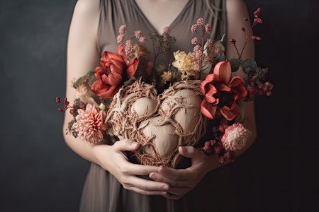 beautiful bouquet of dried flowers in the hands of a girl, Hands holding heart with flowers love, AI Generatedの素材