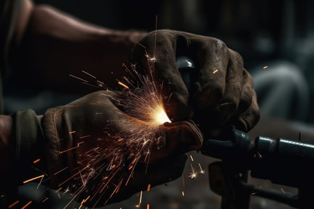 Close up of a welder with protective gloves welding metal in a workshop, Industrial worker hands closeup view welding mettle, AI Generatedの素材