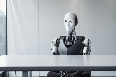 3d rendering humanoid robot working in a modern office with window background, Futuristic AI robot waiting for a job interview, AI Generatedの素材