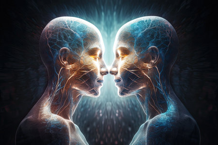 3d rendered illustration of a female and male face facing each other, Human souls couple in love. Astral body esoteric, AI Generatedの素材