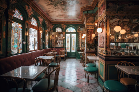 Interior of a cafe with tables and chairs. Vintage style. Inside a beautifully decorated cafe restaurant, Ai Generatedの素材