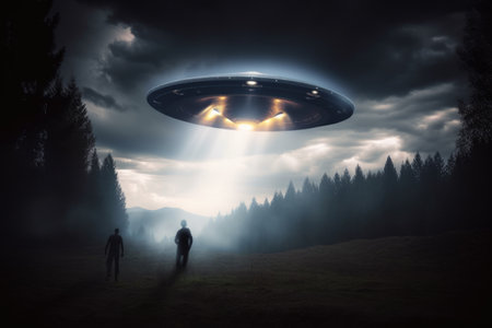 UFO abducts a man in the forest. 3d rendering, Invasion of extraterrestrial. Alien abduction, Ai Generatedの素材
