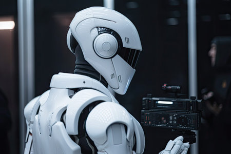 Side view of female robot holding remote controller and looking at camera in dark room, Man rear view closeup and a futuristic AI robot, Ai Generatedの素材