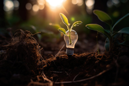Light bulb with a green sprout growing out of the ground with sunlight. Light Bulb and a small plant on the soil, Ai Generatedの素材