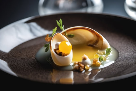 Close up of a delicious egg with nuts and herbs on a plate, Michelin Star quality food dish close up view, AI Generatedの素材