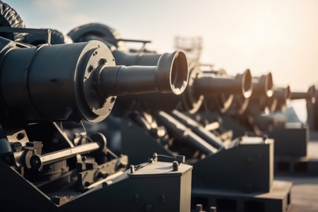Close up of the cannon of the Russian military ship. Selective focus. Military anti aircraft cannons are shooting, AI Generatedの素材