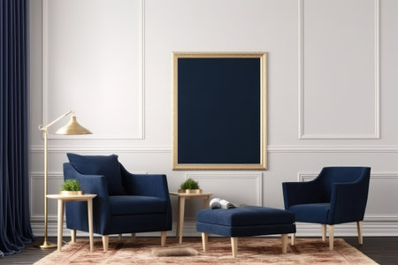 interior with blue armchairs and table. 3d render illustration, Mockup poster frame in a modern living room wall, AI Generatedの素材