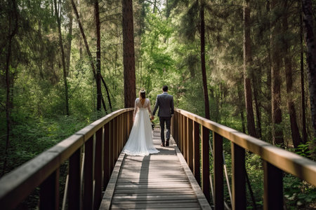 Wedding couple walking on a wooden bridge in the pine forest, New wedding couple full rear view walking on a bridge in forest, AI Generatedの素材