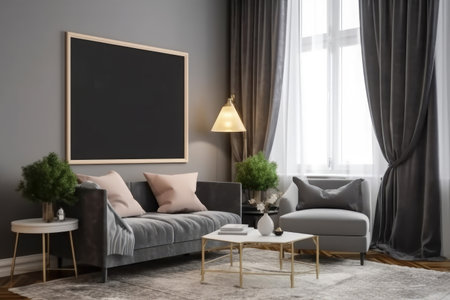 Interior of modern living room with grey sofa, coffee table and blackboard, Mockup poster frame on the wall of a luxurious apartment, AI Generatedの素材