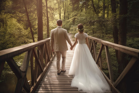 Bride and groom on the wooden bridge in the forest. Wedding day, New wedding couple full rear view walking on a bridge in forest, AI Generatedの素材