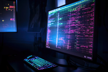 Cyber security concept. Computer monitor with binary code on dark background, Modern computer screen showing colorful coding, AI Generatedの素材