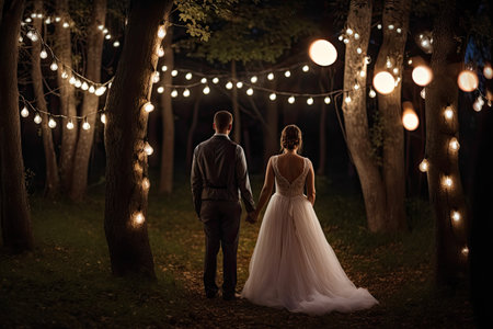 Wedding couple in the forest at night. Bride and groom, New bride and groom full rear view standing and holding hand, AI Generatedの素材