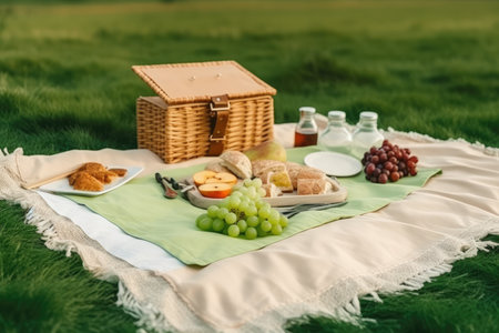 Picnic on the grass. Picnic basket with grapes, wine, cheese, crackers and bread on a green background. Picnic fabric sheet on a green field with a picnic basket, AI Generatedの素材