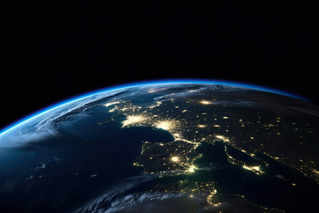 South America on planet Earth at night with visible city lights. 3D illustration. Planet Earth views at night from outer space, AI Generatedの素材