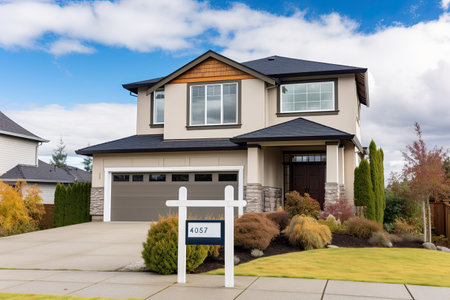 House exterior with entrance sign and blue sky background. Northwest, USA, Real estate home for sale sign hanging in front of the house, AI Generatedの素材