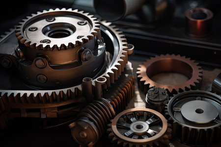 Gear wheel and gearbox on a dark background. Selective focus. Realistic gear set in an engine, AI Generatedの素材